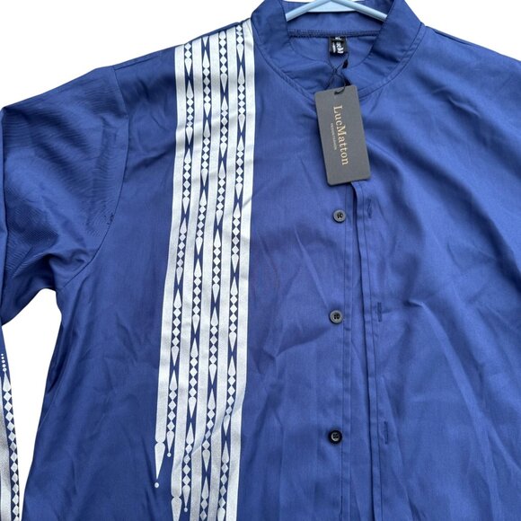 LucMattan Mens Button-Down Shirt Navy Blue XL Cotton Long Sleeve Printed New Wit - Picture 3 of 11